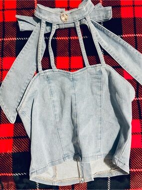 Light Wash Denim Halter Crop Top with Heart Charm